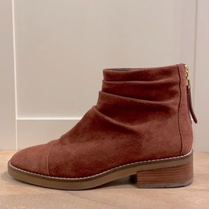 Cole Haan Suede Scrunch Booties with Gold Zip Up Back -Size 7, 1” heel